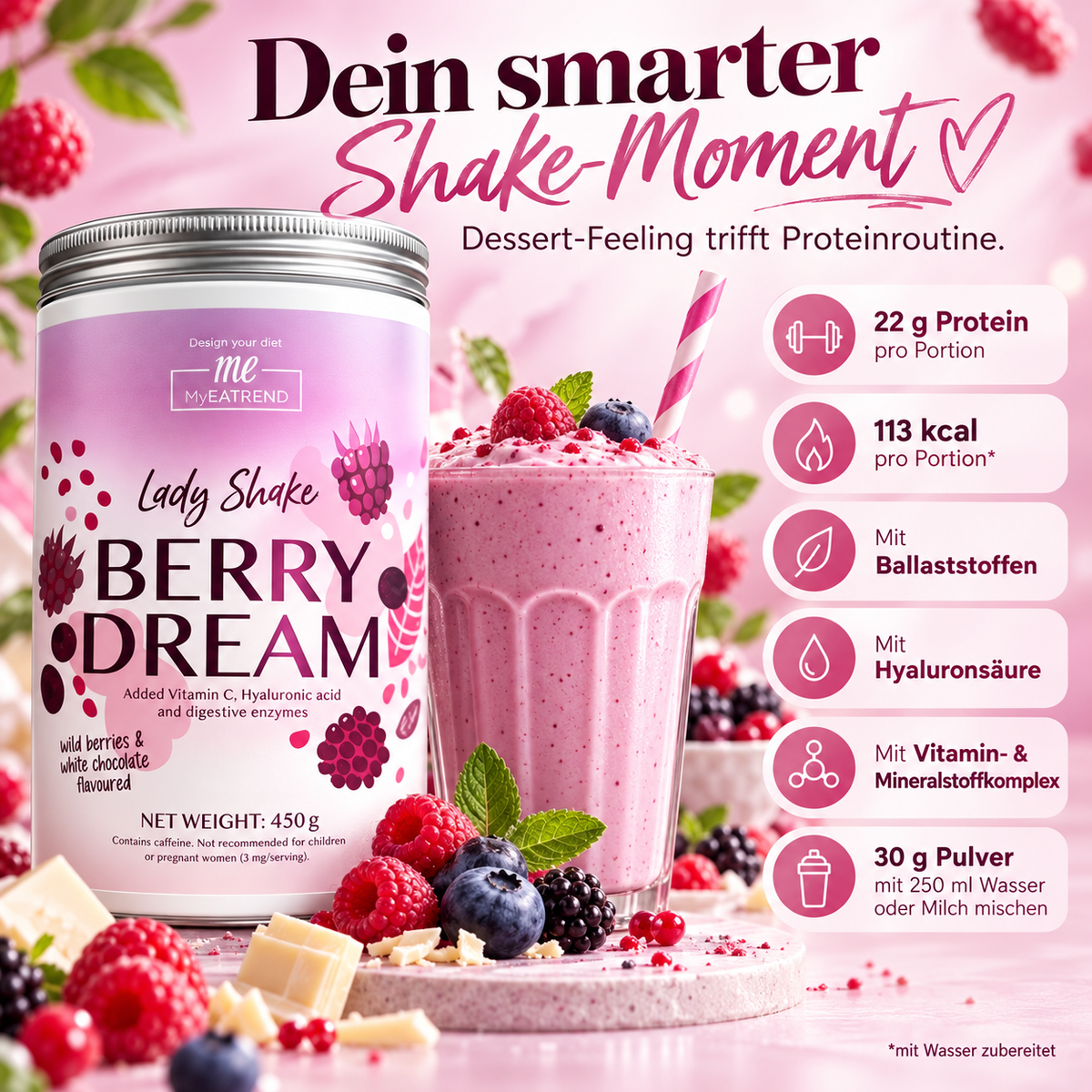 Protein Shake für Frauen – Mahlzeitersatz Beere, 450 g